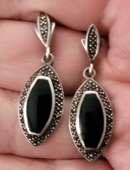Vintage Black Onyx Marcasite 925 Sterling Silver Marquise Shape Dangle Earrings