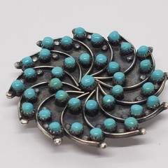 Rare HUBERT JOHNSON Zuni Turquoise Pinwheel Petit Point PENDANT BROOCH 1960s