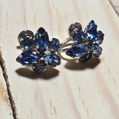 Sterling Silver Vintage Star Art Blue Rhinestone Screw Back Earrings