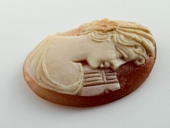 Vintage Loose Hand Carved Shell Cameo Woman with Harp 1 1/8 Inch x 7/8 Inch 3.4g