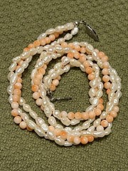 ESTATE TWISTED 3 GENUINE CORAL ORANGE AND PEARL NECKLACE SILVER TONE 16”