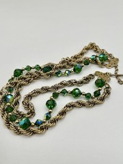Signed Napier 3 Strand Green Aurora Borealis Crystal Bead Gold Chain Necklace