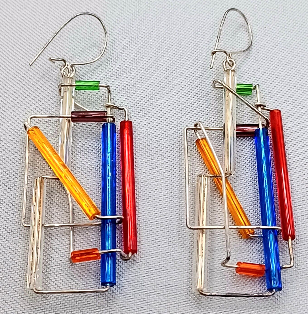 Vintage Barbie Levy Barb Wire Earrings Sterling Silver Glass Dangling Art
