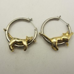 Vintage Figural Earrings Gold Tone Cat Silver Tone Hoop For Pierced Ears