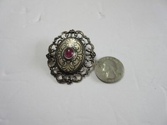 Vintage 900 Silver &Pink Stone Niello Brooch Pin ~ 14.5 grams