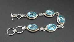 925 Sterling Mexico Oval Link Faceted Blue Glass Tennis Bracelet W/ Toggle Clasp