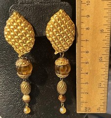 Vtg KATE HINES Signed Convertible Gold Tone Amber Lucite Couture Clip Earrings