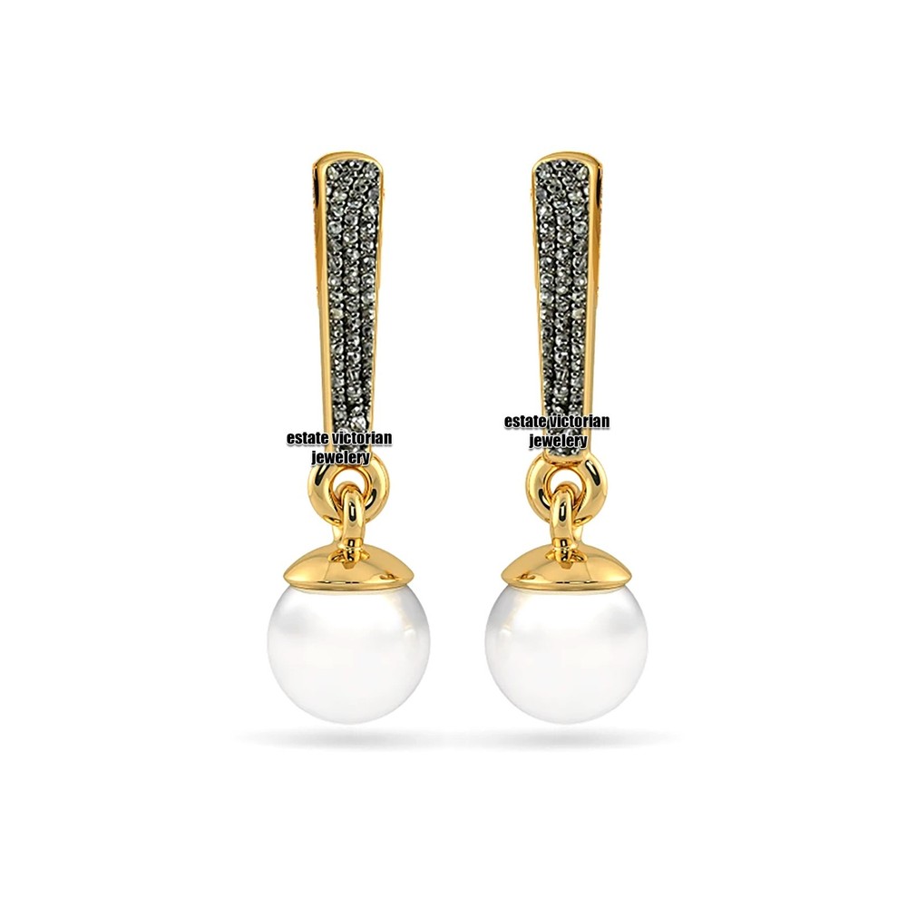 Victorian 0.60ctw Rose Cut Diamond Pearl Studded Stunning Silver Earring Jewelry