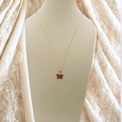 Vintage Ruby and Diamond 10k Gold Butterfly Necklace, July Birthday, Petite, 90s