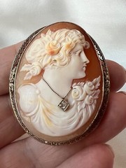 VINTAGE 14K WHITE GOLD LARGE SHELL CAMEO DIAMOND PIN BROOCH CONVERTABLE PENDANT