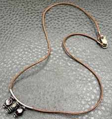Vintage Garnet Cabochon Leather Cord Necklace Sterling Silver Pendant Choker
