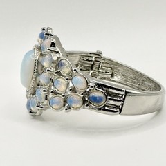 Vintage Opalite Glass Cabochon Clamper Bracelet Chunky Silver Tone Statement 7”