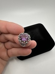 Vintage Ornate Purple Sapphire Sterling Silver Ring Signed TB Size 6.25