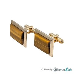 Vintage Swank Brown Tiger’s Eye Rectangular Gold Tone Cufflinks & Tie Bar Set