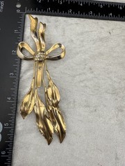 Vintage Bow Brooch Gold Tone Heavy Rhinestones READ