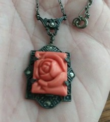 Antique coral colored Rose molded glass & Sterling Deco Necklace Pendant