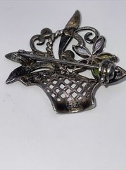 VTG Sterling Silver Marcasite Gemstone Flower Basket Brooch Pin Designer Signed
