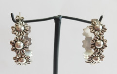 LARGE MEXICO STERLING SILVER DAISY FLOWER HOOP STYLE PIERCED POST EARRINGS