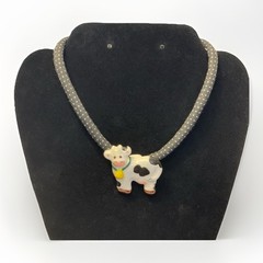 Vintage Flying Colors Ceramic Cow Pendant Statement Necklace 30 in Spotted Cord