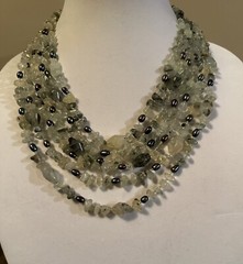 Vintage Tourmalinated Prehnite Nugget Necklace W/Bicone Beads, Freshwater Pearls