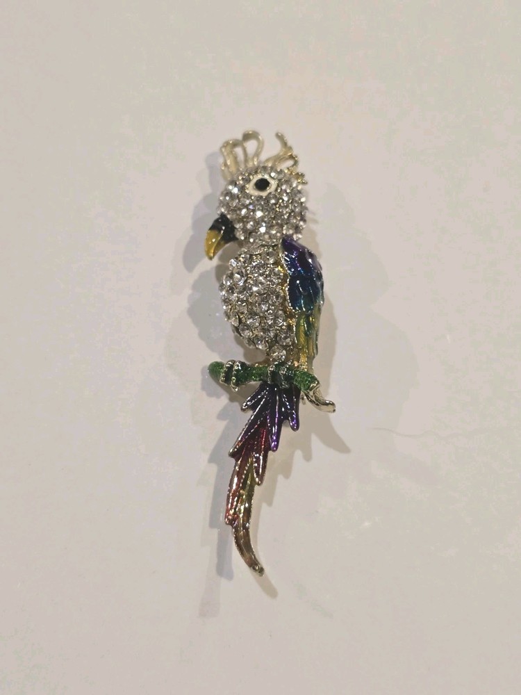 Rhinestone Cockatoo Parrot Bird Brooch Pin Crystal Rainbow Enamel Tropical Bird
