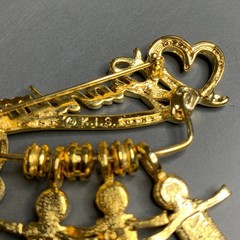 Grandma Charm Holder Pin Brooch 4 Boy Charms K.I.S. Gold Tone 80s