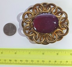 Large Vintage Brooch: Mottled Red-Purple Glass Stone in Interlocked Brass Rings