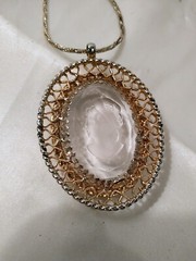 Necklace Carved Glass Cameo Warner Pendant Rhinestones Orig 23″ Chain Vintage