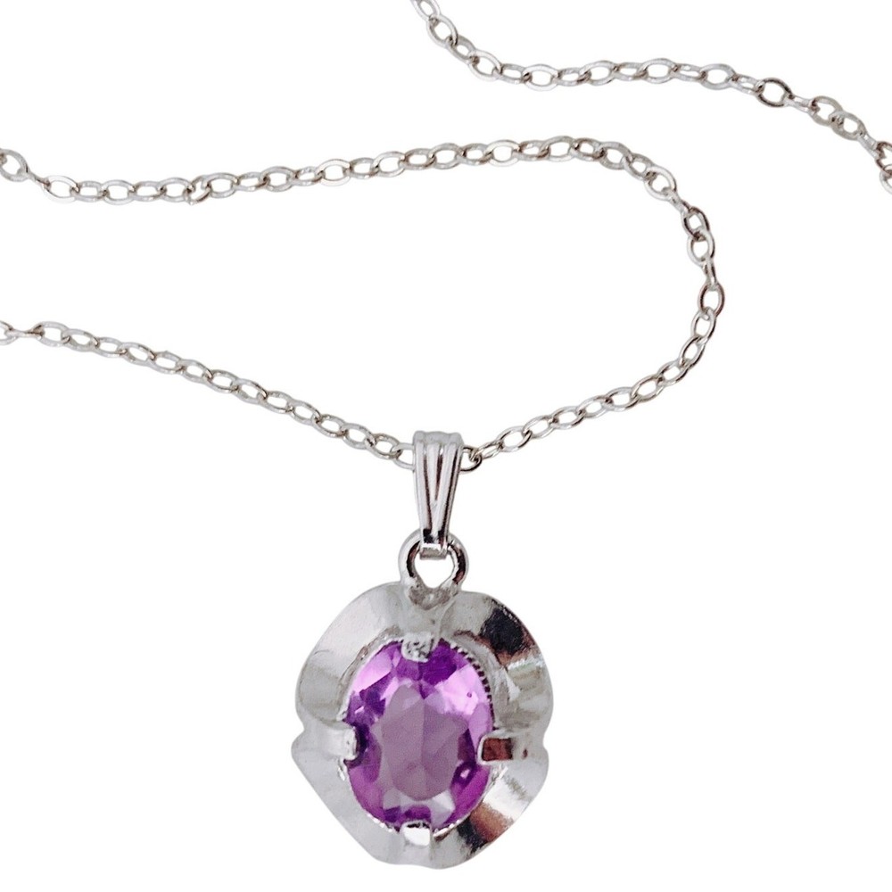 VTG Signed HMS Sterling Silver Necklace and Amethyst Pendant in Box 1970s 1980s