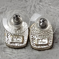 Vintage Kenneth Cole KC Cream Enamel Swirl Squircle Stud Earrings Silver Tone
