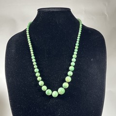 Vintage Green Hand knotted Beaded Necklace Graduated Size Plastic 26″ Faux Jade