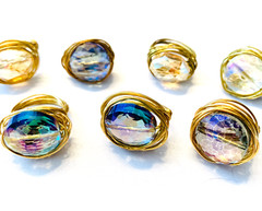 Lot 7 Handmade AB Mystic Topaz Style Glass Bead Brass Wrapped Party Bling Rings