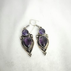 Vtg 90s Southwestern Style Sterling Silver Dangle Earrings Faceted Amethyst Boho