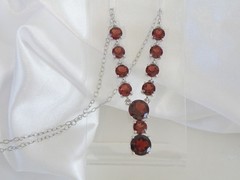 Sterling Silver 925 Natural Garnet Drop V Tennis Necklace