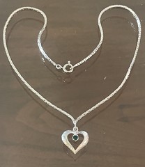 835 Dutch Silver Cobra Link Chain w Attached Heart Pendant Emerald Green Stone