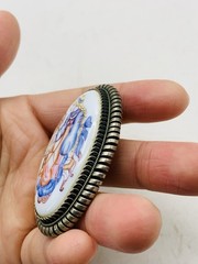 Vintage Silver Tone Russian Finift Hand Painted Porcelain The Snow Maiden Brooch