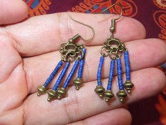 A Pair Of Nepal Tibet Vintage Ethnic Women Brass Laps Lazuli Bead Earrings (s1)