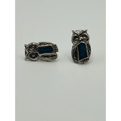 Vintage Owl Stud Earrings | Silver Tone Owl Jewelry | Blue Stone Inlay