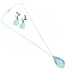 Antique Art Deco Marked Blue Glass Pagoda Sterling Silver Necklace Earrings Set