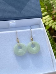Vintage 10k Gold Light Green Jadeite Jade Bi Disc Circle Earrings