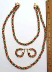 VTG 1950s 60s DOUBLE STRAND EGYPTIAN REVIVAL RUNWAY NECKLACE & EARRINGS GOLDEN