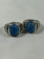 Lot of 2 Men’s Size 11 Costume Rings Blue Turquoise Look Cabochon Silver Tone