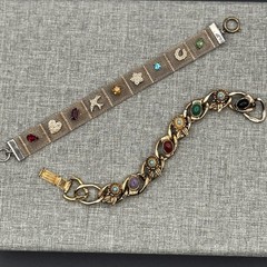 Lot of 2 Vintage Victorian Revival 8 Panel & Mesh Charm Bracelet Estate Jewelry