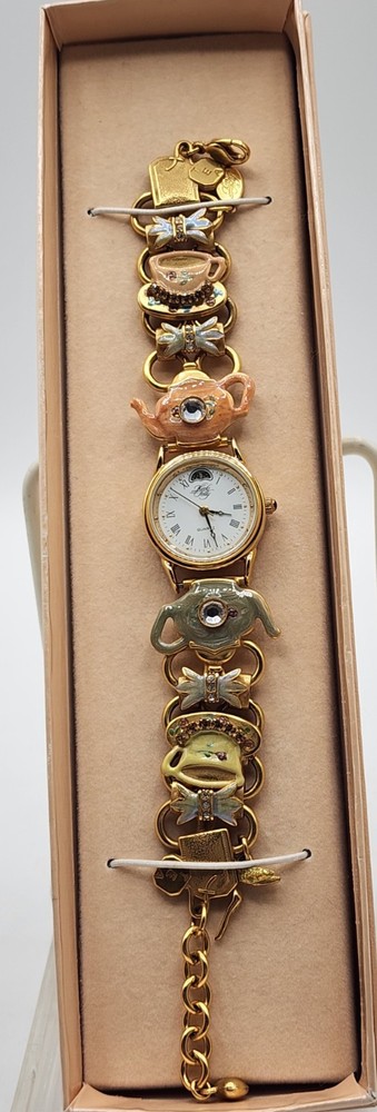 Vintage RARE HTF Signed Goldtone Kirks Folly Enameled Tea Party Watch w/Box 8″