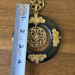 Vinatge Crown Trifari Necklace Large Brown Faux Tortuous Pendant Gold Tone Chain