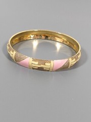 Vintage Pink Beige Cream Enamel Geometric Gold Tone Bangle Bracelet 8.5 in