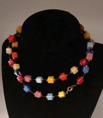 Vintage 1960″s Square Art Glass Beads Bohemian Necklace Multi Color Strand
