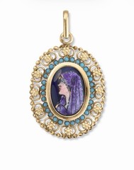 Antique 19k Solid Yellow Gold Filigree Enamel Cameo Turquoise Pendant Portugal