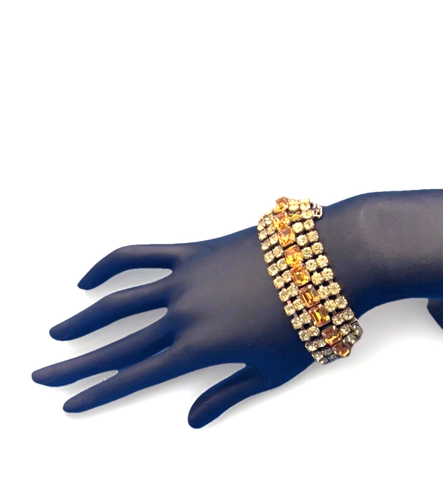 Vintage Amber Rhinestone Bracelet Gold Tone Triple Row Glows Green UV Reactive