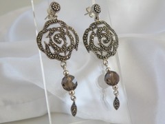 Vintage Sterling Silver 925 Floral Smoky Quartz Marcasite Drop Dangle Earrings